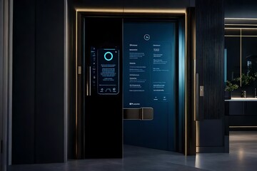 A smart apartment door with a built-in virtual assistant offers individualized greetings and information.