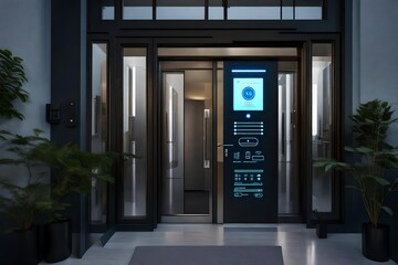 A modern apartment door with a built-in virtual assistant, offering personalized greetings and information