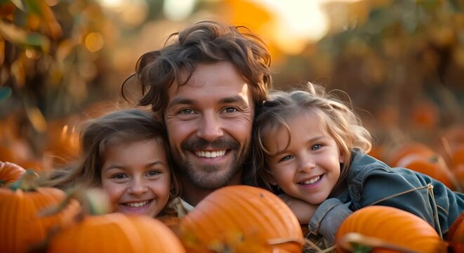 Cheerful family at a pumpkin patch, autumn adventure, harvest joy