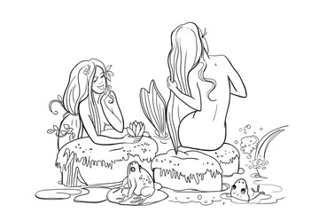Mermaid girls dream, mermaids swim in the pond, fairy pond with mermaids, illustration, for coloring