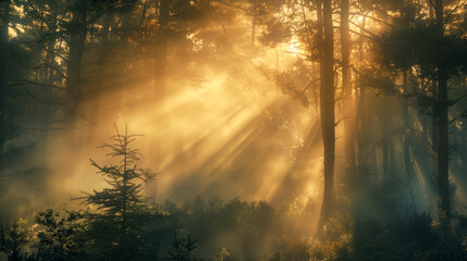 Enchanted Forest in Misty Morning A forest covered in light mist, with sunlight piercing through...