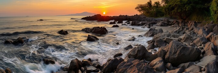 Obraz premium Tranquil coastal panorama with gentle waves softly caressing the sandy shoreline