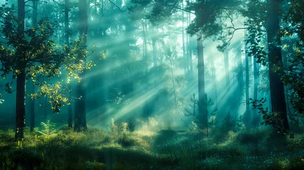 Fotobehang Enchanted Forest in Misty Morning A forest covered in light mist, with sunlight piercing through the branches, creating a magical, mysterious atmosphere © NIMBUS BREW