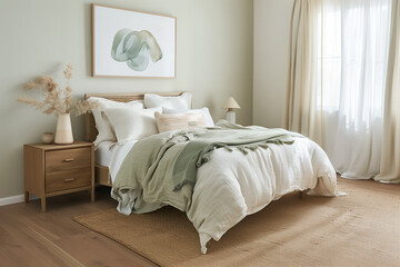 Fototapeta na wymiar A cozy bedroom with light green walls, light green and neutral color bed linen, wooden bedside table, art horizontal posters on a wall, woven rug, coastal style decor, cotton white and beige curtains.