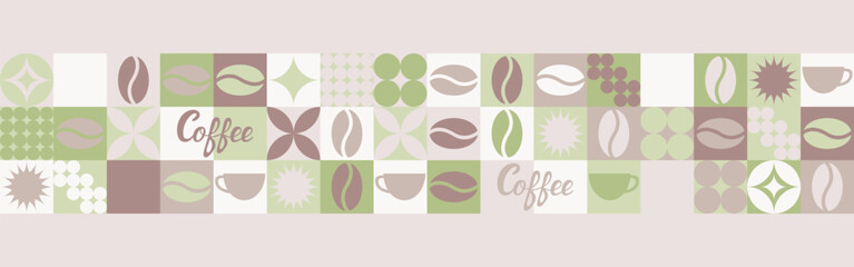 Coffee seamless background for textile and wallpaper with geometric shapes and coffee beans. Fashionable splash template with a cup in brown and green tones.