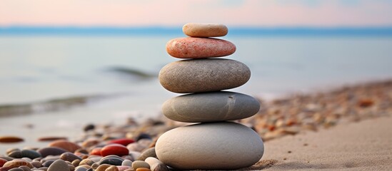 Fototapeta na wymiar Tranquil Stack of Pebbles Along Seashore - Serene Zen Balancing Art on Sandy Beach