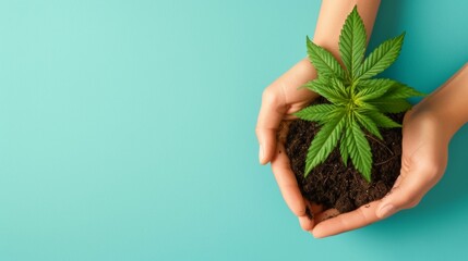 Baby cannabis plant in hands with soil