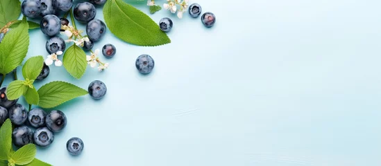 Zelfklevend Fotobehang Fresh Blueberries with Vibrant Leaves on a Soft Blue Background - Healthy Eating Concept © Ilgun