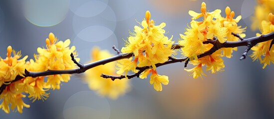 Vibrant Spring Blossoms on a Twig with Bright Yellow Flowers