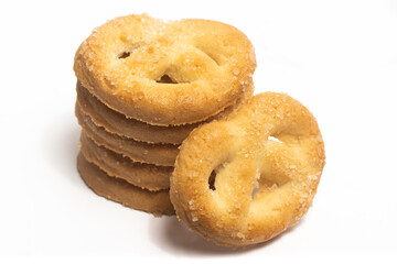 Stacked of danish butter cookies the pretzel cookie isolated on white background clipping path