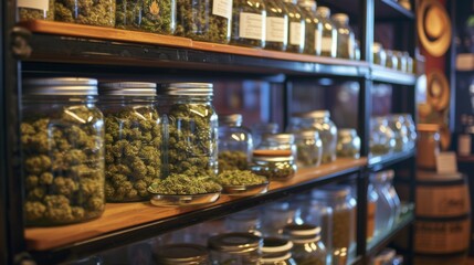 Containers with dried cannabis buds on display on shelf in a cannabis store. - obrazy, fototapety, plakaty