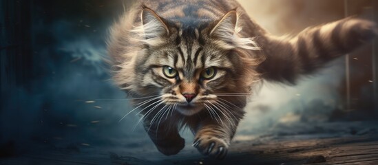Energetic Cat Frolicking on a Wooden Floor in a Playful Dash