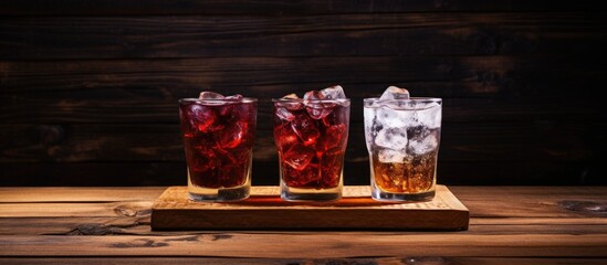 Exquisite Trio: Three Glasses of Various Beverages Arranged on a Rustic Wooden Tray