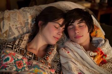 Two siblings sleeping peacefully wrapped in colorful, patterned blankets, a serene and comforting scene