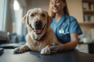 Veterinarian with a labrador dog in her veterinary office during a routine check-up
