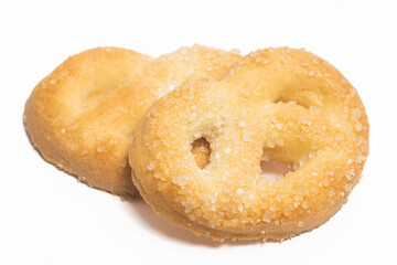 Two danish butter cookies the pretzel cookie isolated on white background clipping path