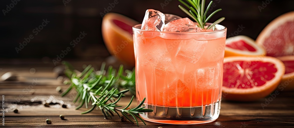 Poster refreshing grape and rosemary cocktail garnished with fresh slice of grape