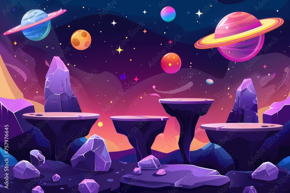 Poster the space game level background in modern format with alien planets, stars, and spaceships for gui i