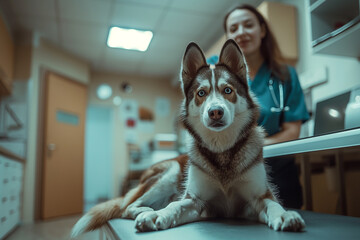 Veterinarian with a husky dog in her veterinary office during a routine check-up