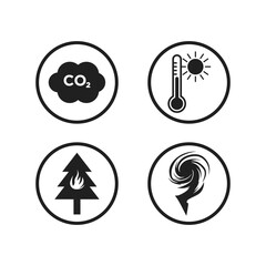 Climate change icon set. Four black designs on a white isolated background. CO2, Global Warming, Forest Burning, Tornado.