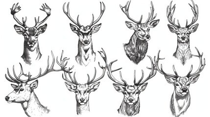 Fototapeta na wymiar Drawings of reindeer, stag, and a head with antlers. Northern animal, outline engraving in retro style. Hand-drawn modern illustration isolated on white background.