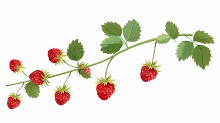This ripe wild strawberry is growing on a stem with a leaf. Ripe strawberries and leaves grow on a woods plant. Fresh healthy summer food. Botanical flat modern illustration isolated on a white