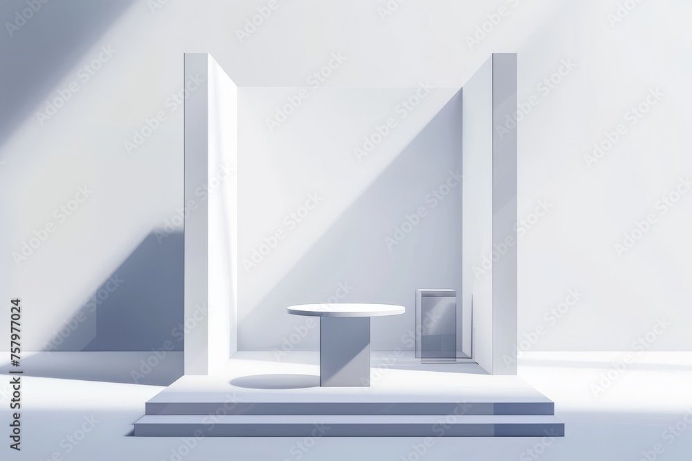 Poster an empty presentation stall for exhibition with white walls, floor and table in front of a corner vi