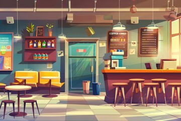 Vacant cafeteria with furniture, restaurant court with a coffee machine, refrigerator, chalkboard menu, couches and a bar. Cartoon modern illustration.
