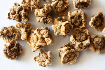 Close-up view of beet seeds on white background. Growing fresh organic vegetables concept. White paper backdrop. Spring gardening. Macro, flat lay, top view