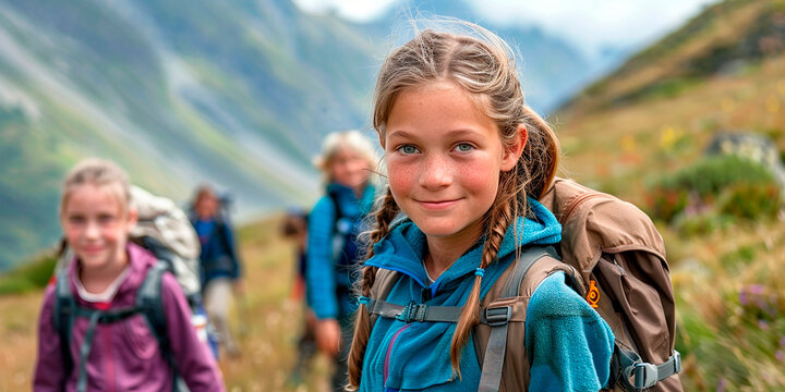 Photorealistic image. Hiking of young people in the mountains.
