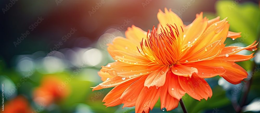 Poster Delicate Pink Flower Blossom Adorned with Glistening Water Droplets in a Refreshing Display of Nature