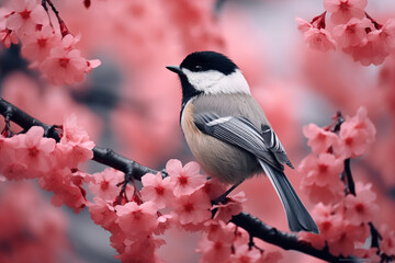 Obraz premium Titmouse sitting on branch of cherry blossom. Hanami festive banner concept. Blooming sakura with pink flowers in spring season. Spring wildlife birds concept. Beautiful Japanese nature background.