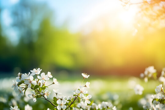 Beautiful blurred spring nature background with blooming clearing, trees and blue sky on a sunny day. Soft focus style.