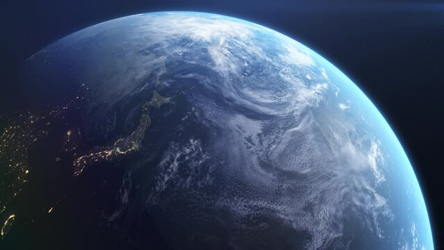 北半球の日本周辺をアップで自転する地球 Earth rotating in the northern hemisphere up around Japan  CG