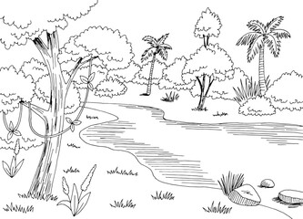 Jungle river rain forest graphic black white landscape sketch illustration vector 