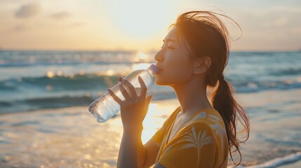 woman drinking water at the beach