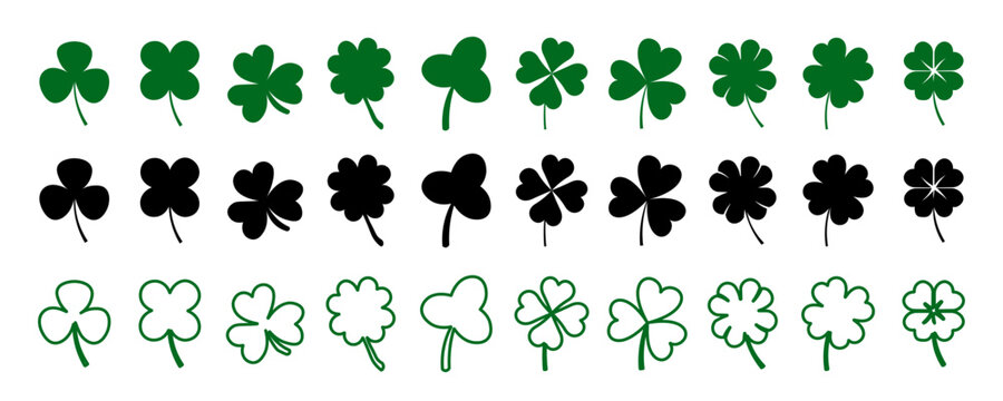 Luck clover icon. Collection of icons of green and lazy shamrock leaves of different shapes. Clover leaf outline sign. Stock vector eps10