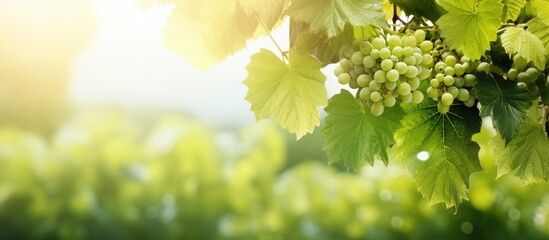 Fototapeta premium Ripe Bunch of Grapes Hanging from Lush Vine in Sunlight - Fresh Harvest at Vineyard
