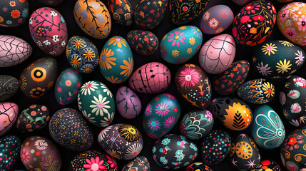 Fototapeta na wymiar colorful easter eggs with decorative patterns on a black background