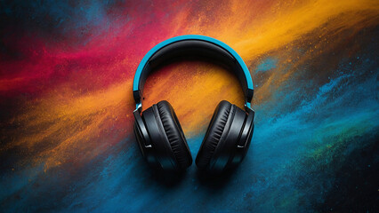 headset headphones in a colorful vibrant dust background. music concept, desktop background wallpaper. International World Music Day. relaxation  and anxiety, depression, and stress relief.