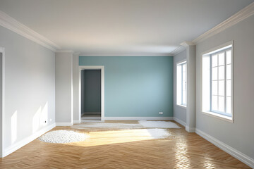 Renovation and modernization with drywall plaster in a walk-through room (3D Rendering). Empty room with window