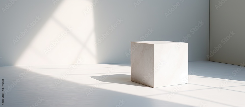 Poster minimalist white cube stands in a bright empty room, symbolizing simplicity and modern design