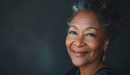 Portrait of 50 year old African American woman. Friendly adult woman looking at camera