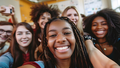 Obraz premium group of young multicultural people taking a selfie and smiling. group of happy young people enjoying the moment