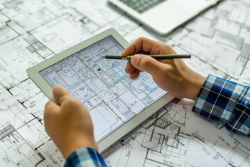 Project blueprint planning are being viewed on digital tablet by an architect engineer AI Generative