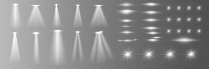 
Set of glowing isolated white transparent light effects, lens flare, explosion, sparkle, dust, line, solar flare, spark and stars, spotlight. Vector EPS 10