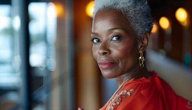 Portrait of 50 year old African American woman. Friendly adult woman looking at camera