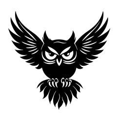 Wildlife wild animal birds symbol icon for logo - Black fine line art silhouette of owl, isolated on white background
