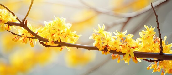 Vibrant Blooming Yellow Flowers Adorn a Delicate Branch in Springtime Beauty