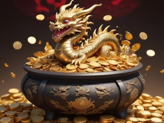 Fototapeta premium Golden Dragon on Coins Pile Representing Wealth and Prosperity.